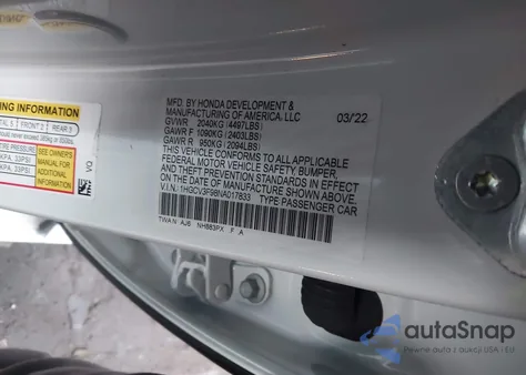 2022 Honda Accord Hybrid Touring z USA, uszkodzony, nr VIN 1HGCV3F98NA017833